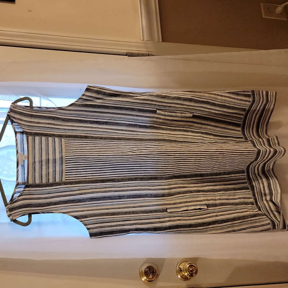 J Jill Love Lined Blue Sleeveless Striped Shift Dress Size XL Pockets VGUC